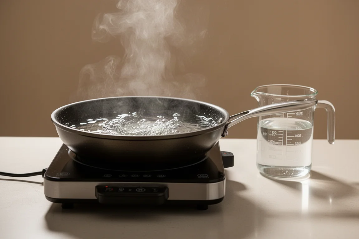 Eau bouillante dans une poêle sur une plaque chauffante avec de la vapeur qui s'élève