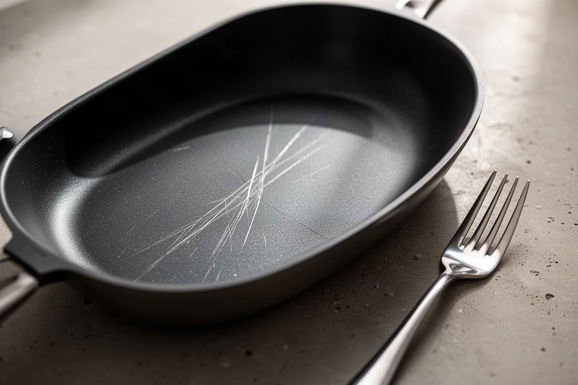 Primo piano di un graffio creato su un rivestimento scuro di una padella con un utensile metallico