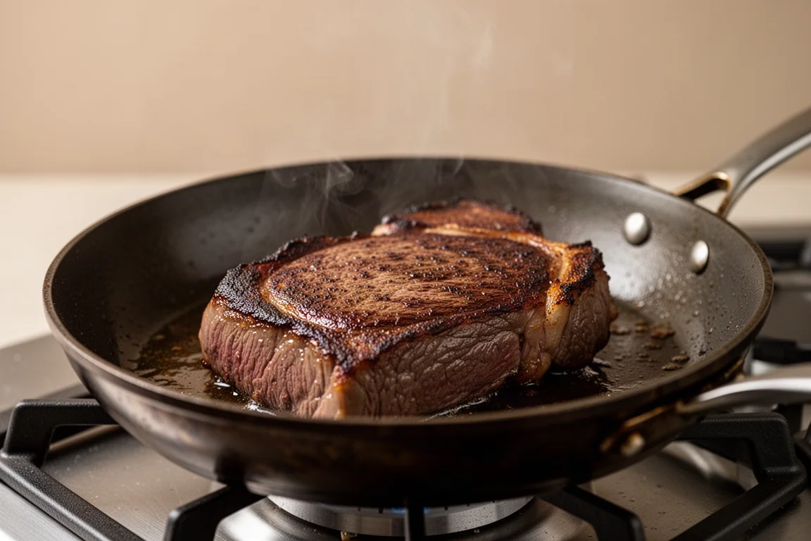 Bistecca che si rosola in una padella calda con doratura visibile sulla superficie di cottura