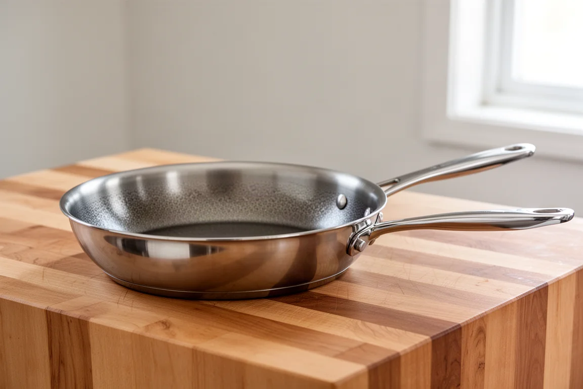 Padella in acciaio inossidabile lucido su un piano cucina illuminato con luce naturale soffusa