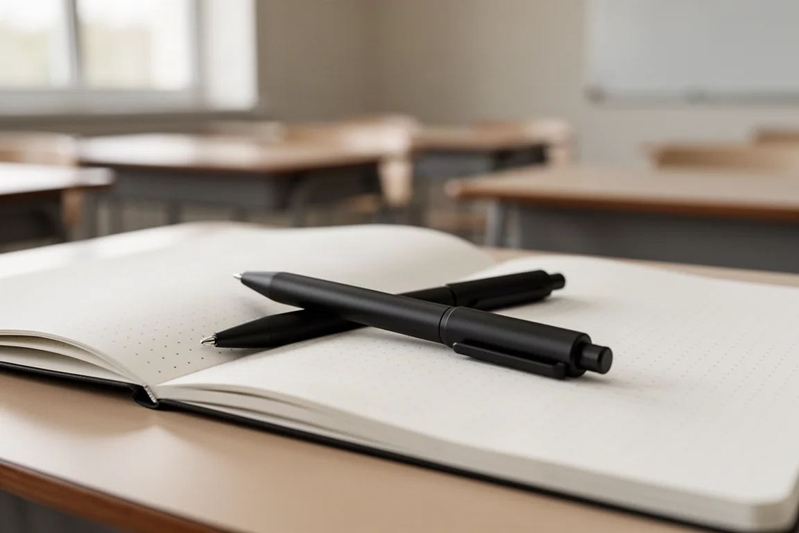 A student's hand resting a quiet-click pen beside an open notebook during class