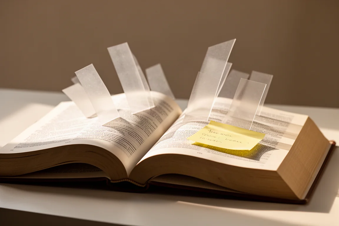 Open textbook pages marked with colorful page flags and sticky notes