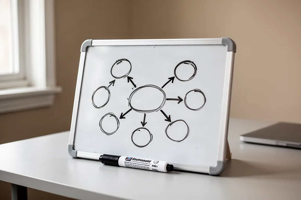 Small portable whiteboard with a hand-drawn concept map on a study desk