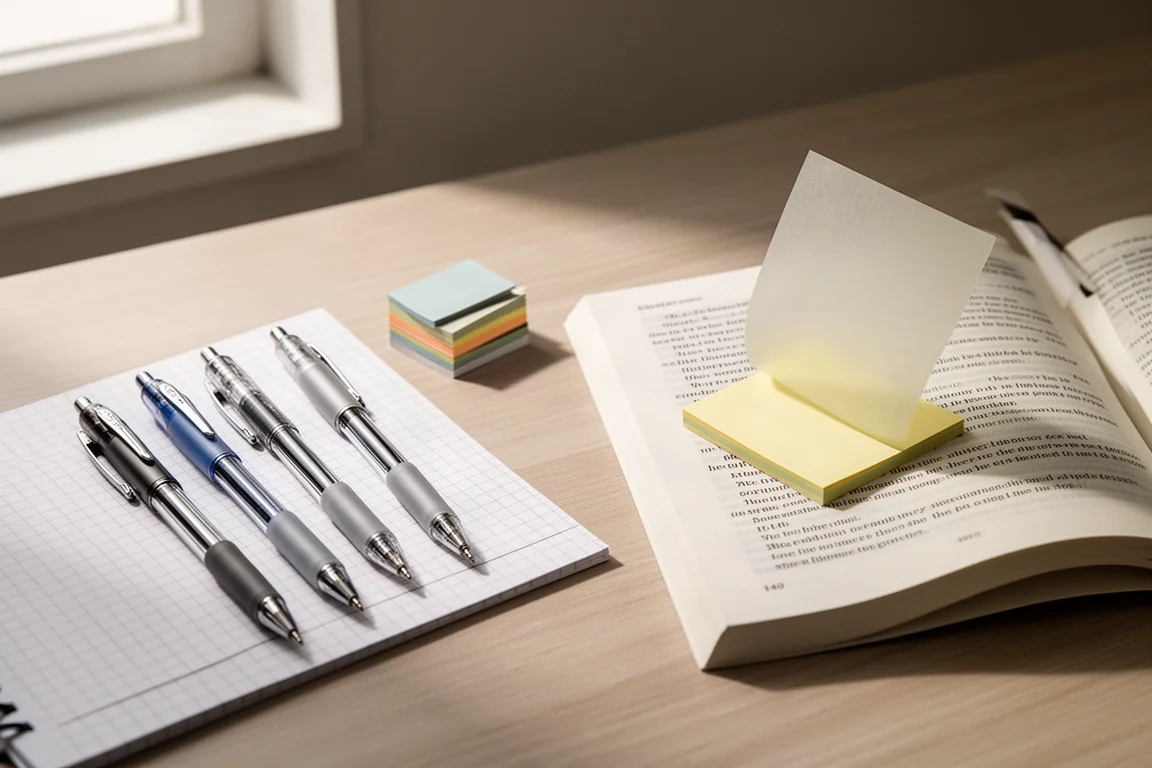 Flat-lay of pens, notebook, page flags, and tracing sticky notes on a study desk