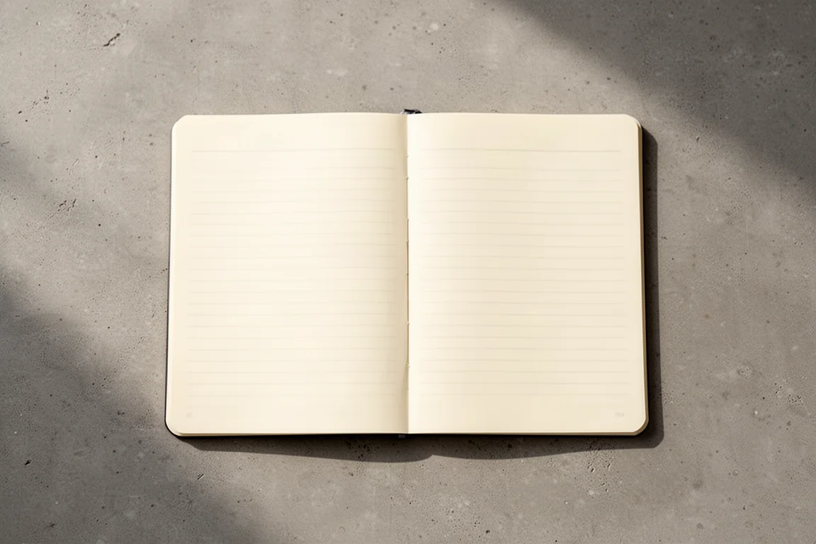 Carnet ligné couleur crème posé ouvert et à plat sur une surface en béton