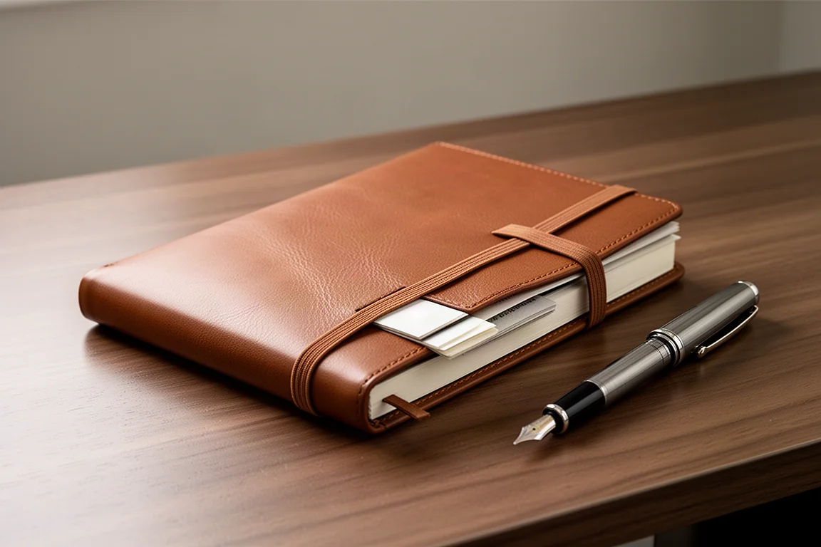 Couverture de carnet en cuir avec des recharges posée sur un bureau à côté d'un stylo plume