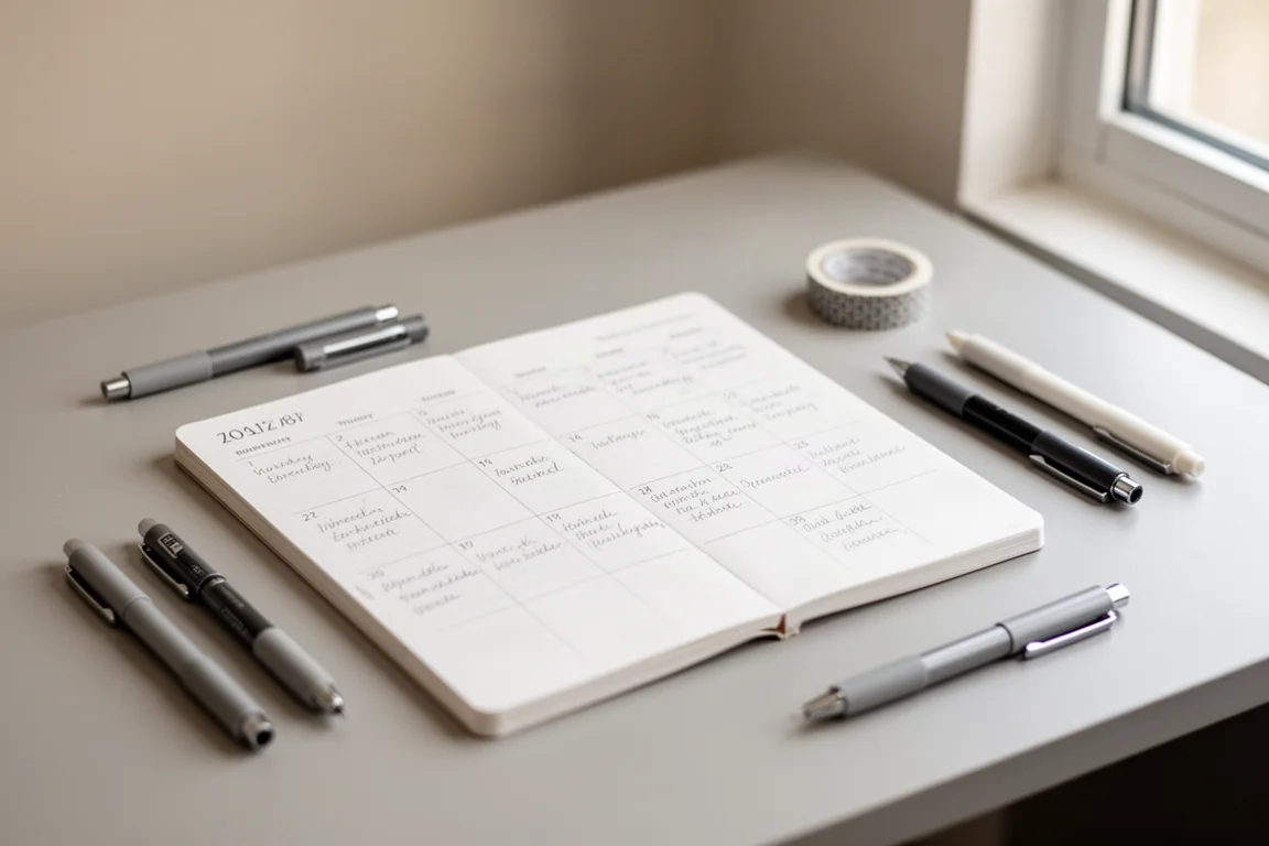 Agenda non daté ouvert sur un bureau à côté de stylos et de washi tape dans un espace de travail