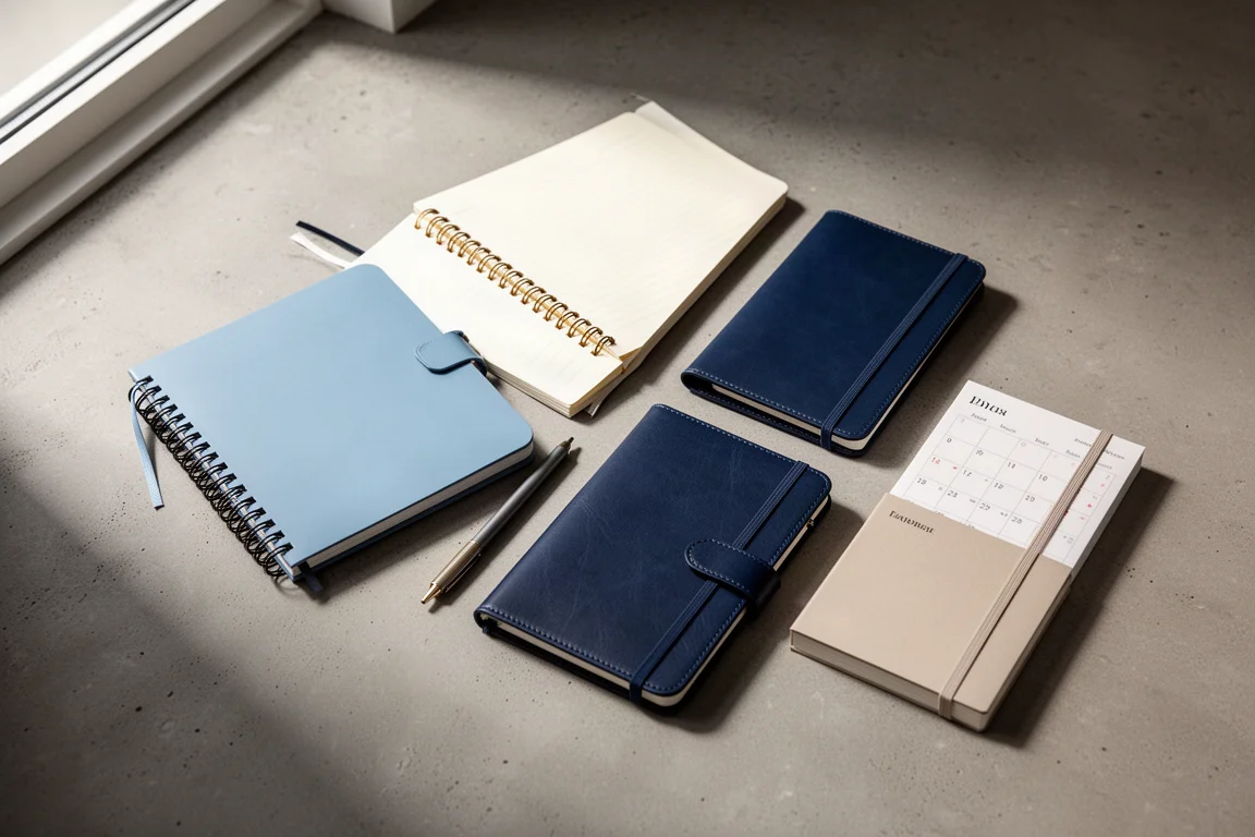 A curated arrangement of notebooks and planners on a concrete surface