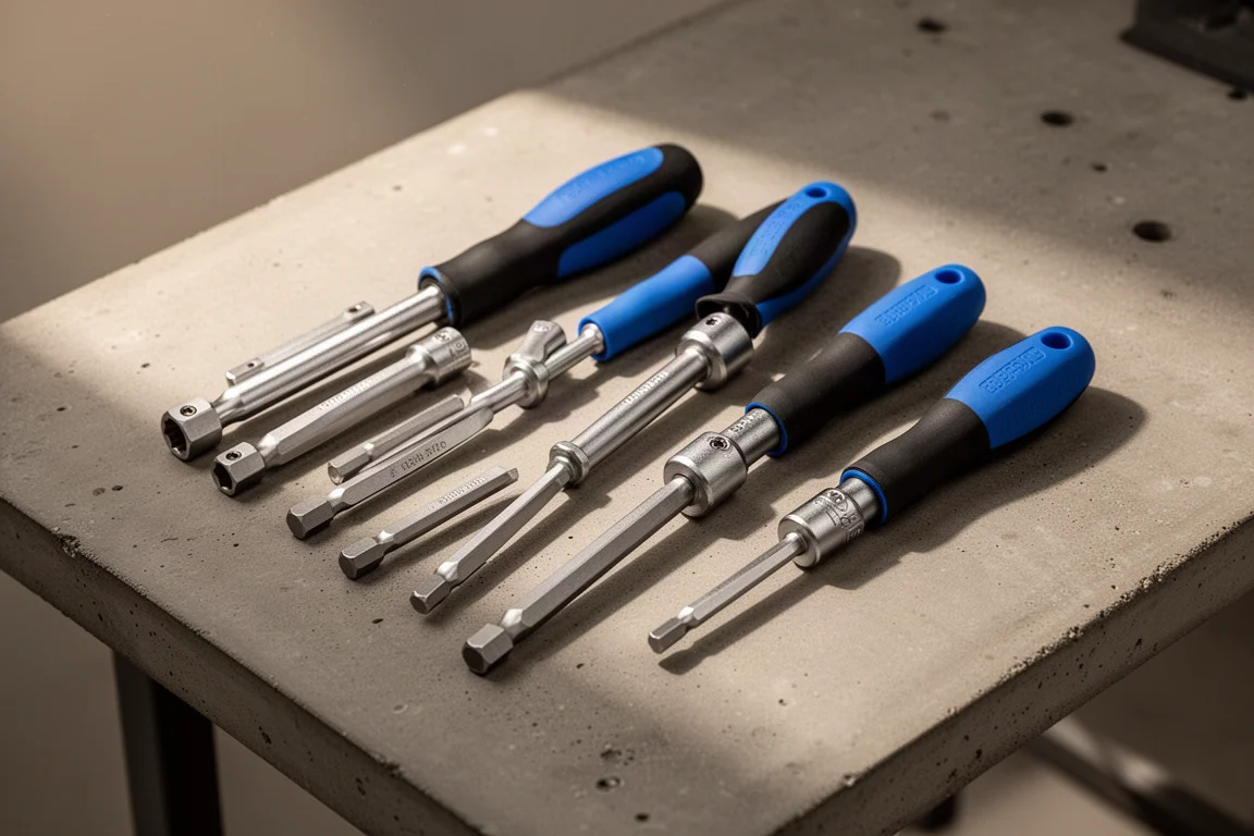 Nut drivers with colored heat shrink tubing handles arranged on a workbench