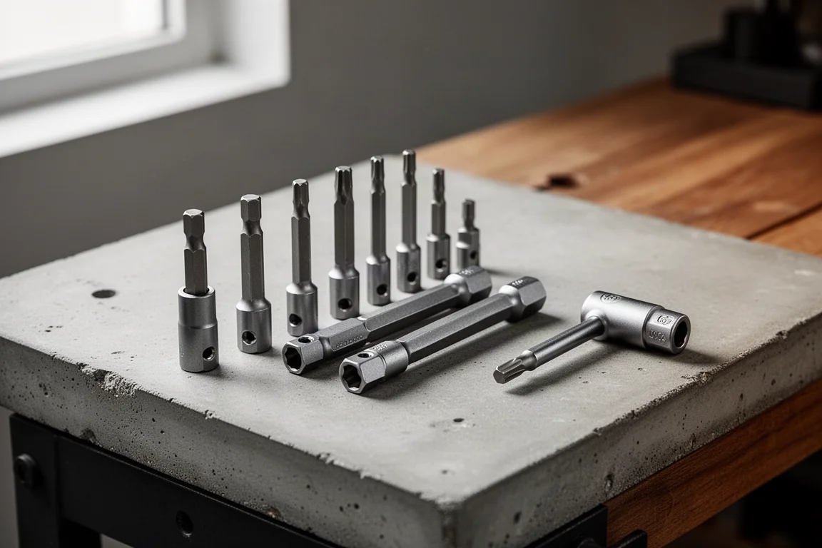 Set of steel nut drivers and an elbow hex bit driver on a concrete workbench