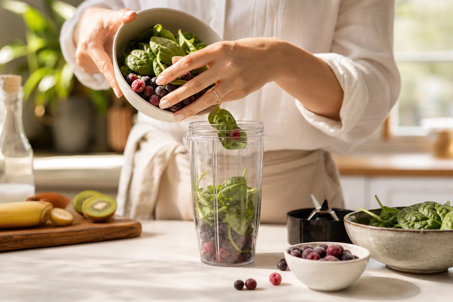 Une personne préparant un smoothie vert avec des légumes feuilles et des fruits surgelés dans un blender