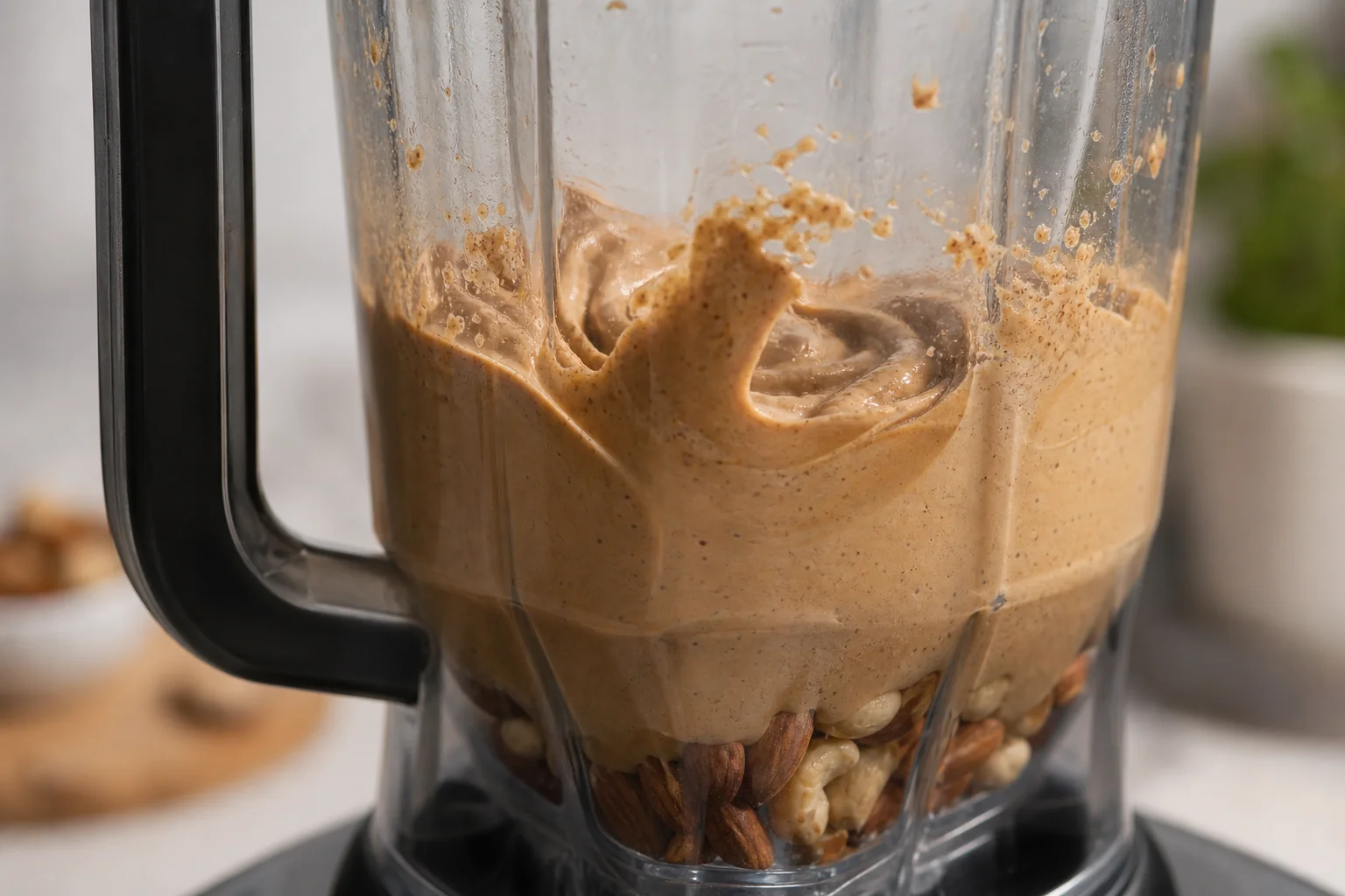 Gros plan sur un bol de blender avec une purée d'oléagineux crémeuse en cours de préparation