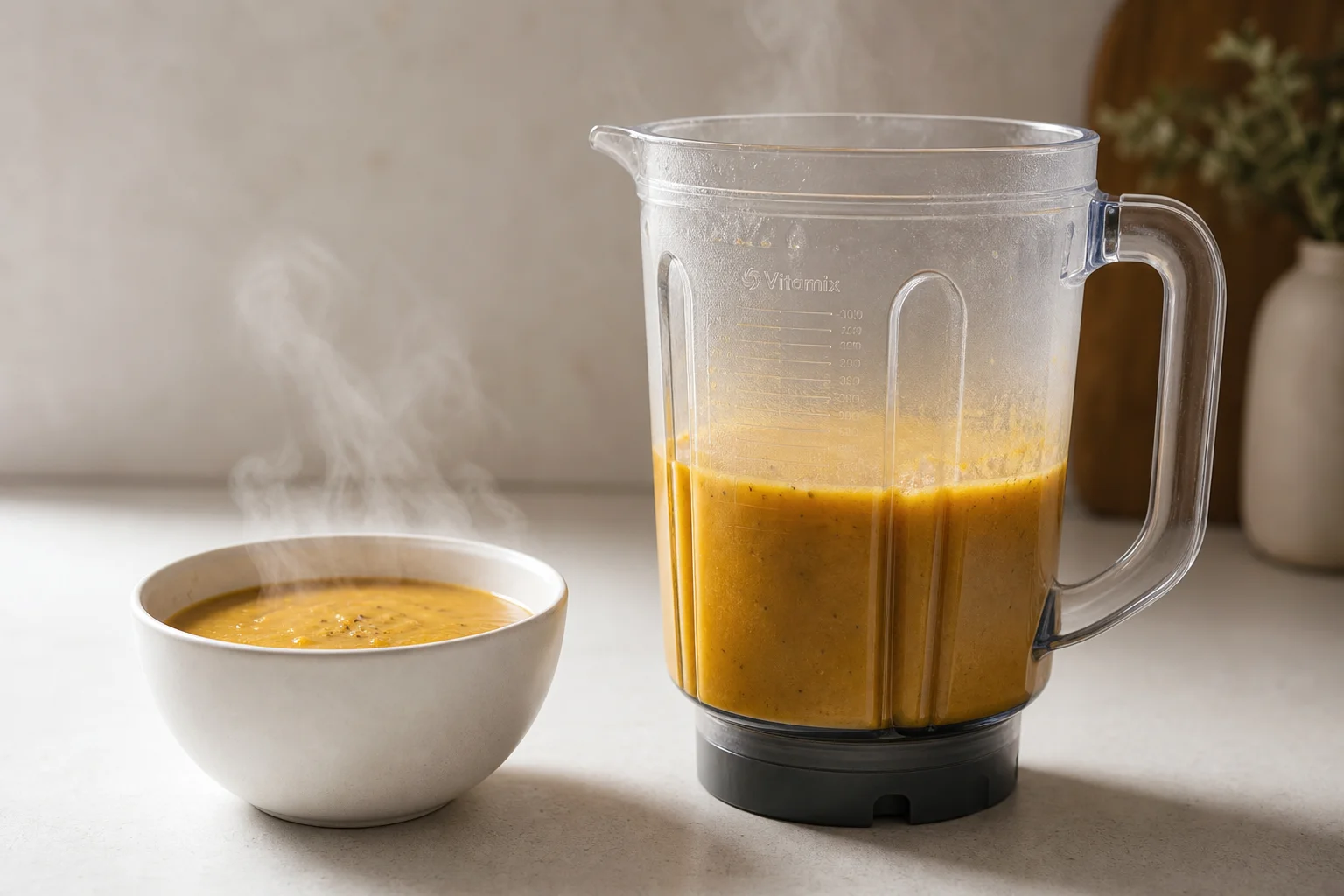 Bol de soupe fumante à côté d'un bol de blender montrant le résultat de la fonction chauffante