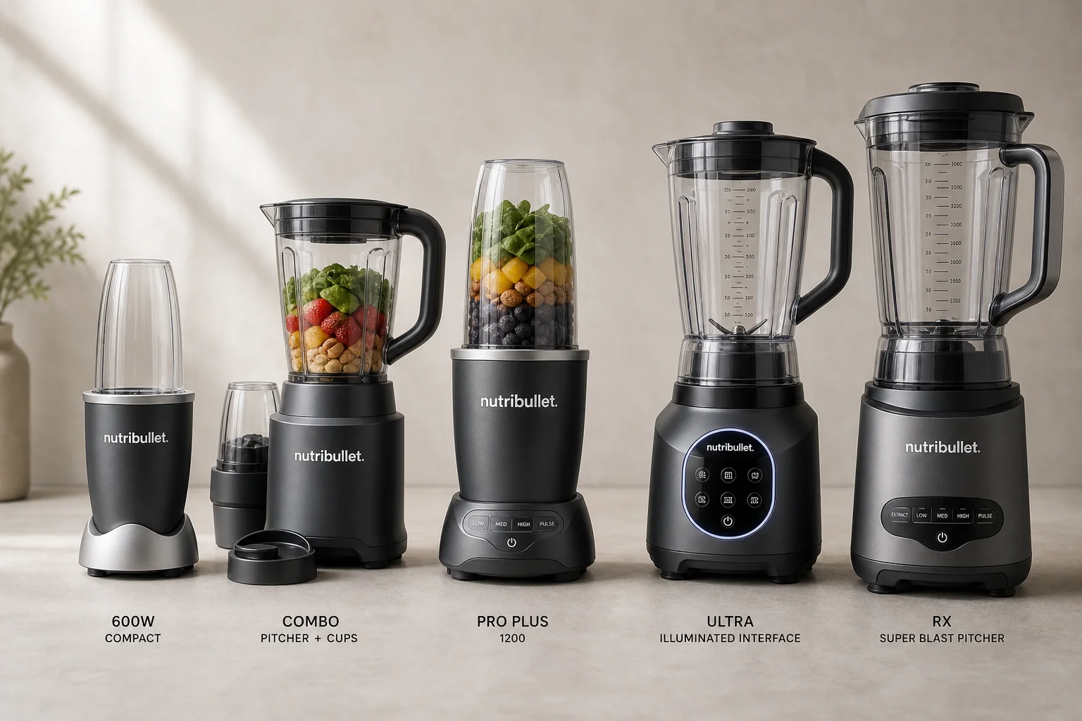 Five NutriBullet blender models arranged by size on a concrete surface