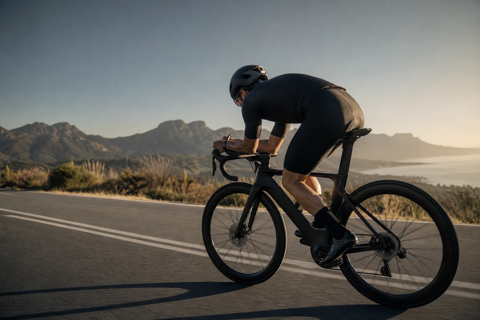Road cyclist in aero position wearing sport sunglasses on smooth road