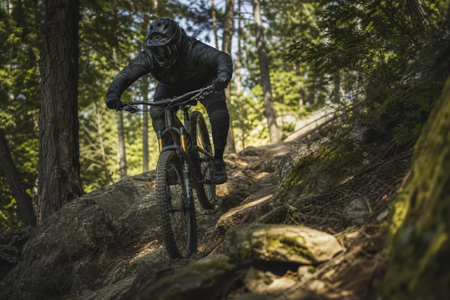 Mountain biker descending rocky trail wearing protective sport sunglasses