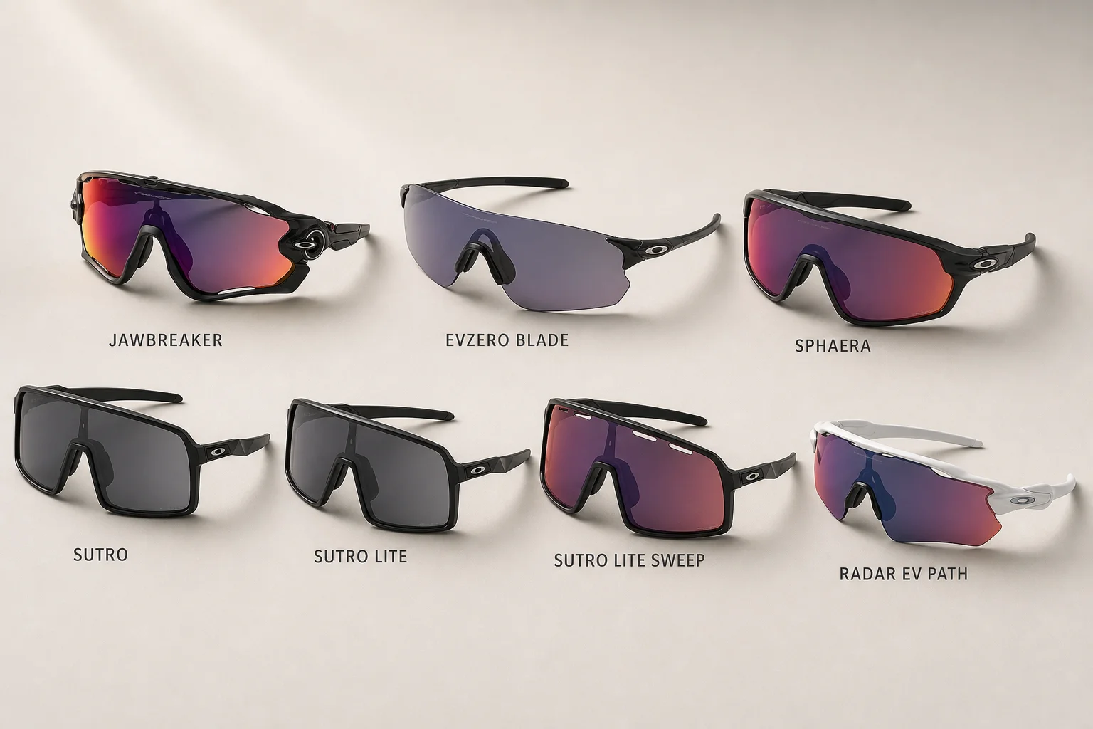 Seven Oakley shield sunglasses arranged on neutral backdrop showing different frame styles