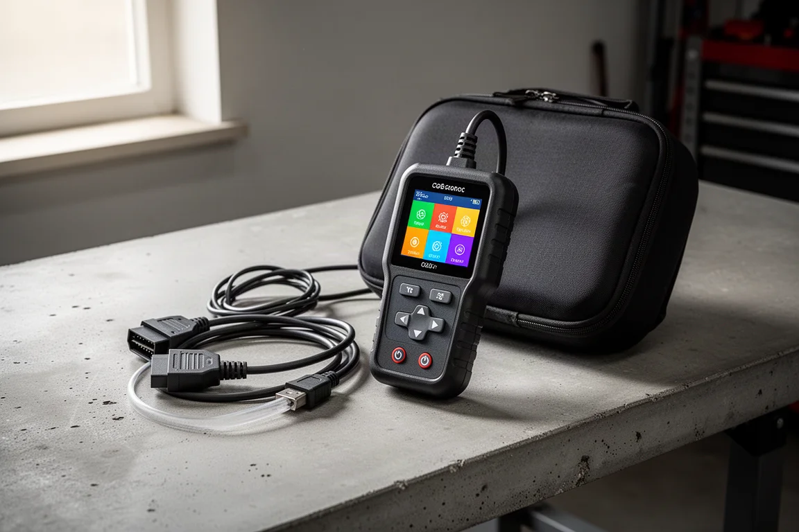 工作檯上附有線材與收納盒的手持式 OBD-II 掃描器