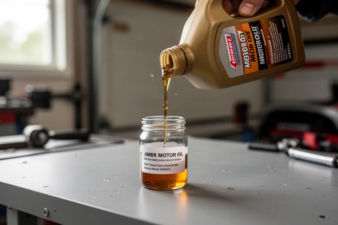 Motor oil samples being poured into labeled test bottles on a workshop bench