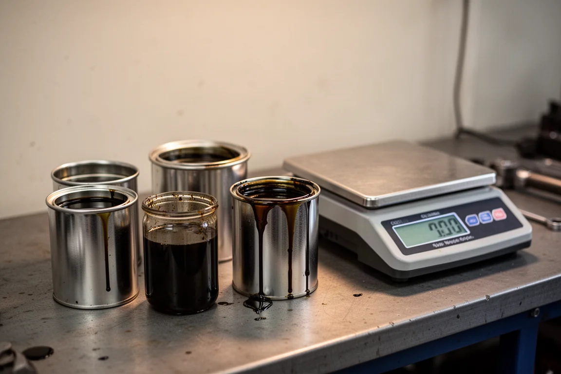 Test containers of heated motor oil cooling on a workshop counter after thermal testing