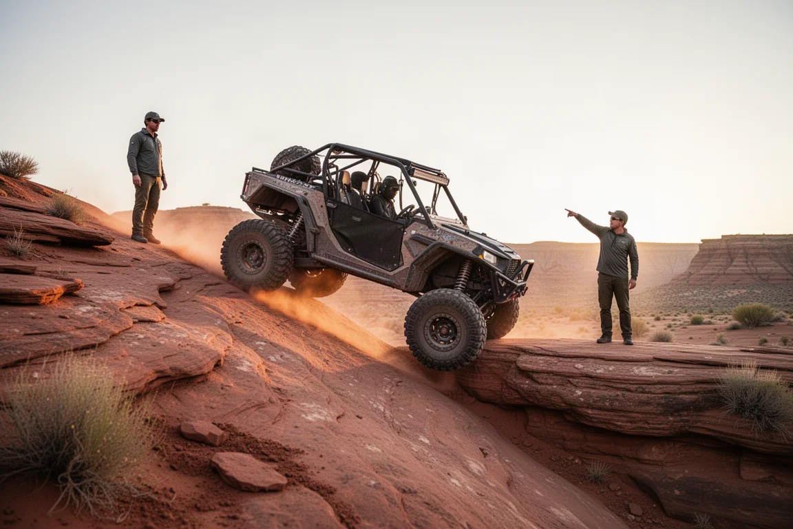 Vehicle climbing a steep rocky off-road trail with a spotter guiding from ahead