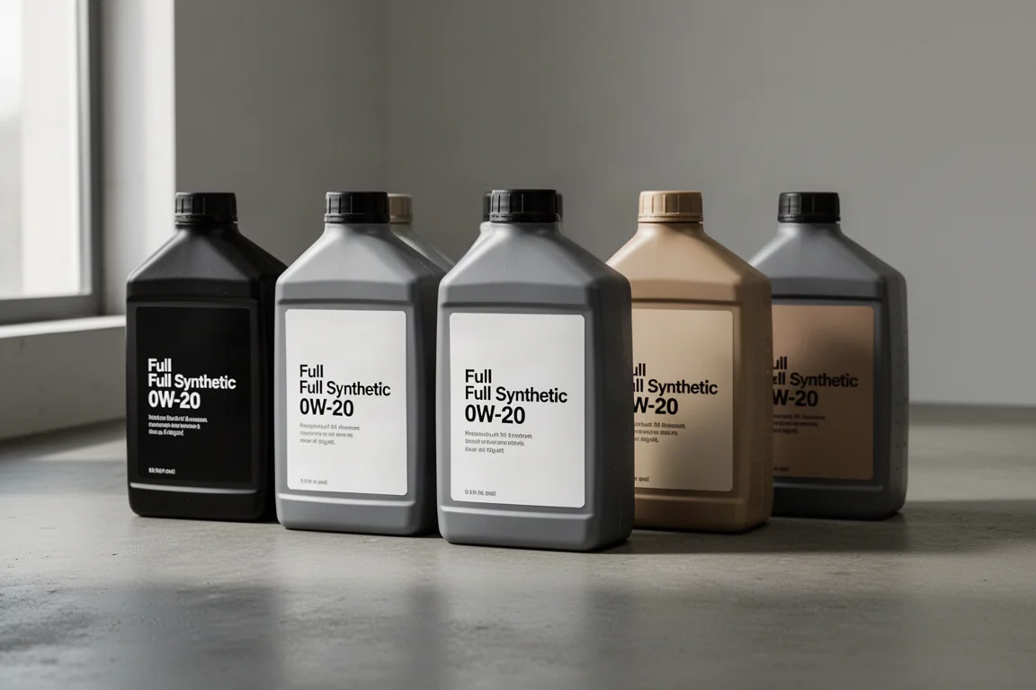 Six quart bottles of 0W-20 motor oil lined up on a grey concrete surface