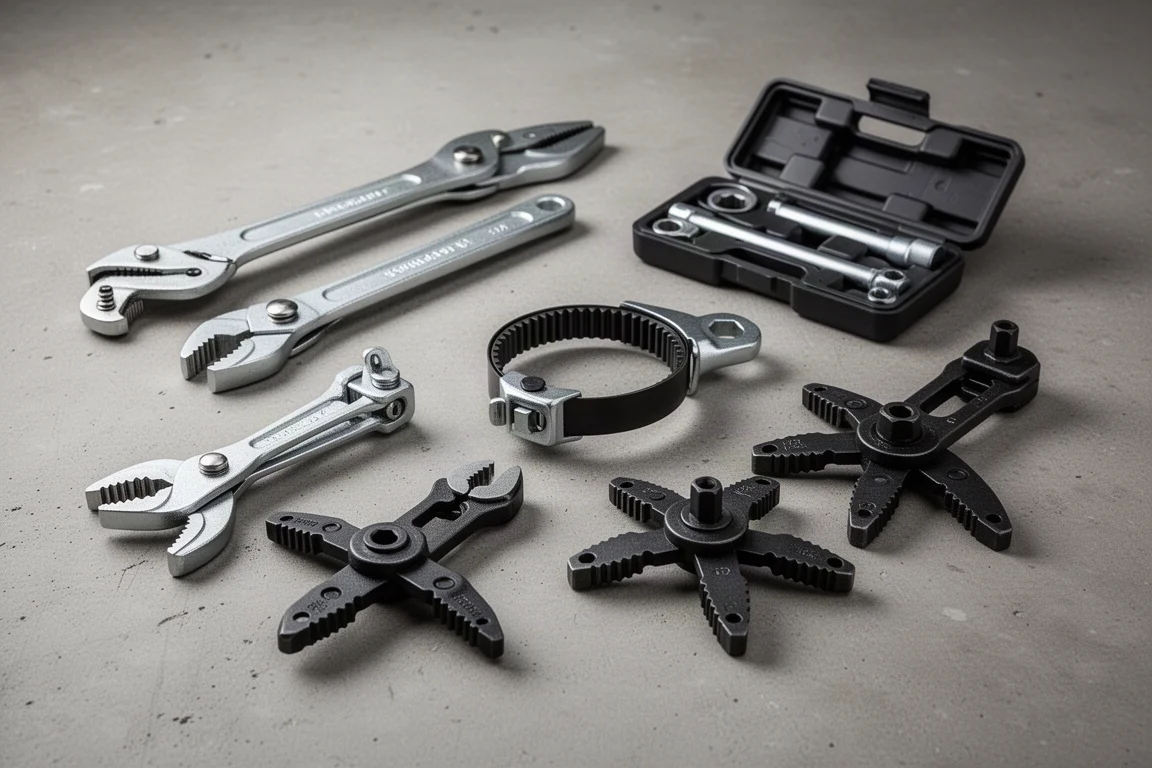Assortment of oil filter wrenches including pliers, band wrenches and three-jaw tools on concrete