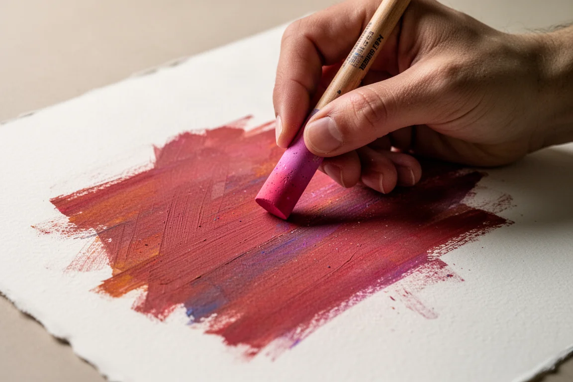 Hand blending an oil pastel stroke on textured drawing paper