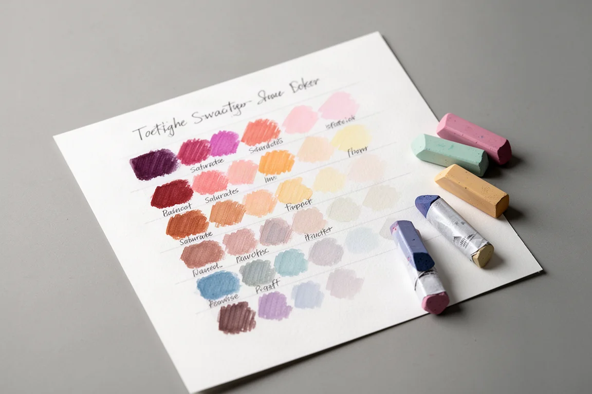 Color swatch chart of pastel sticks on white paper