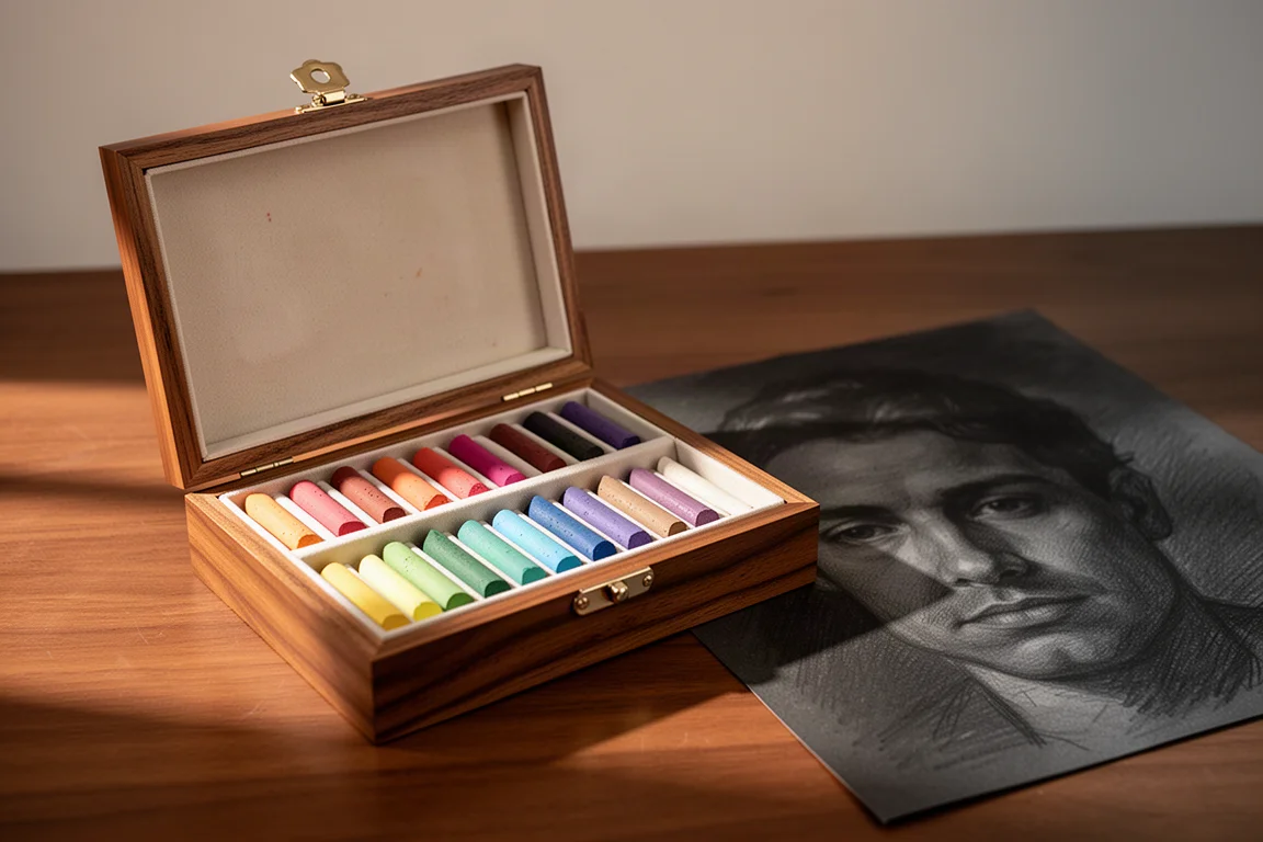 Open wooden box holding artist pastels on a desk