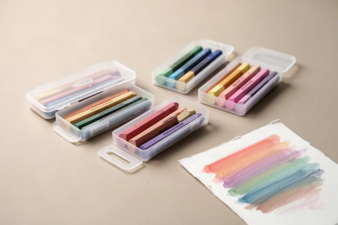 Wax pastel sticks in open plastic cases on a studio desk