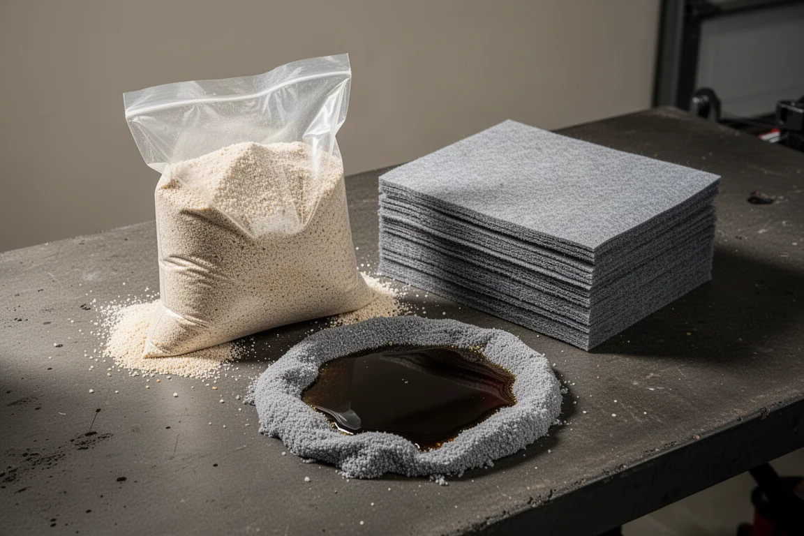 Garage spill cleanup supplies including granular absorbent and gray pads on concrete