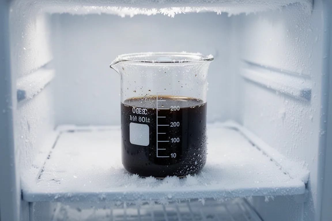 Oljebägare placerad i en frys med frost