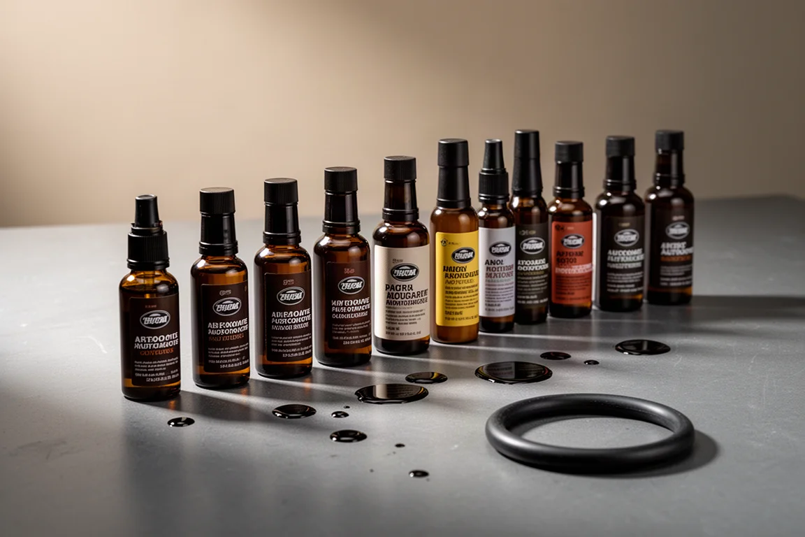 Thirteen oil stop leak additive bottles lined up on a grey workshop surface