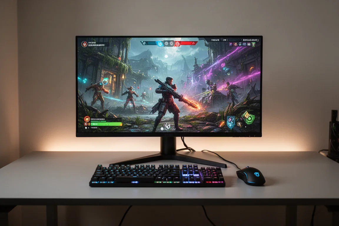Gaming setup with a 32-inch OLED monitor displaying a vibrant game scene