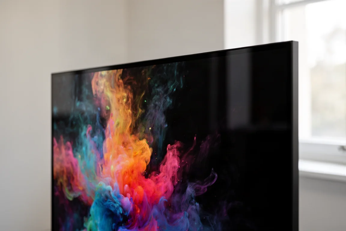 Close-up of a glossy OLED monitor panel showing deep blacks and vibrant colors