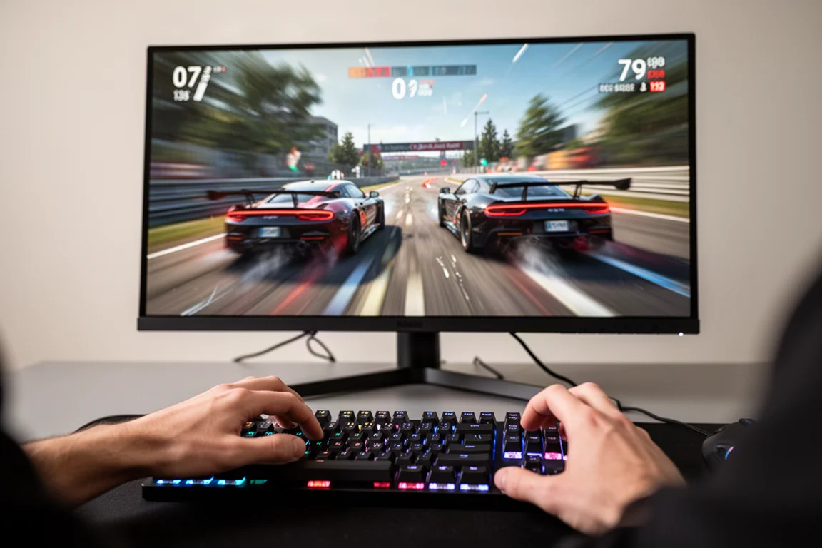 Gamer playing a fast-paced game on a 27-inch 1440p OLED monitor