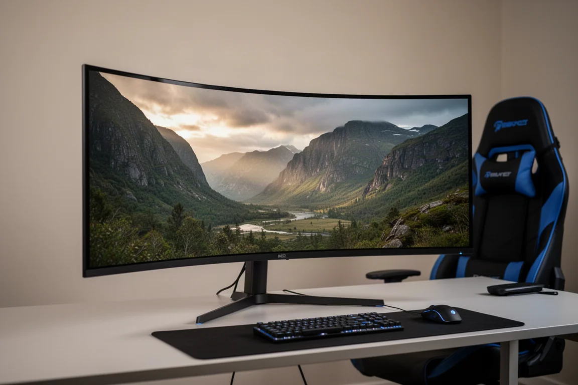 Curved 45-inch ultrawide OLED monitor on a desk with ambient lighting