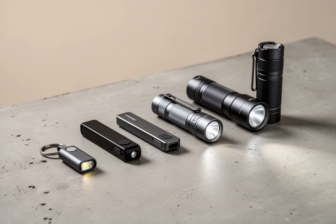 Lineup of compact EDC flashlights in different sizes on a concrete surface