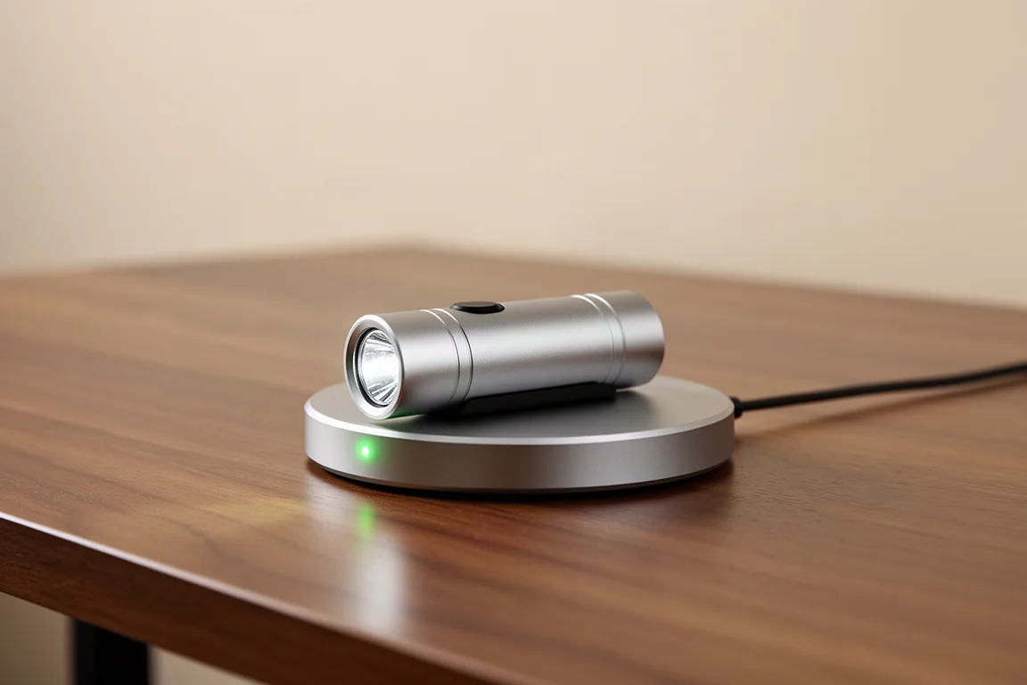 Torcia compatta fissata magneticamente al suo pad di ricarica su una scrivania in legno