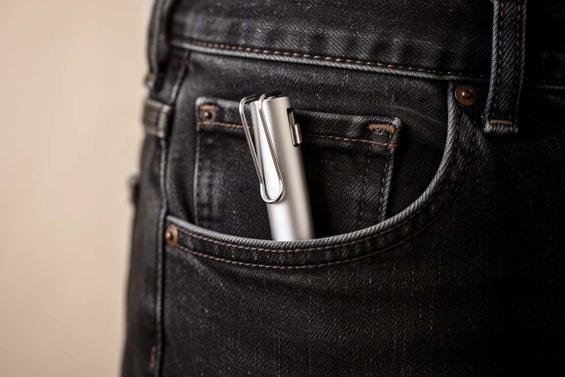 Torcia piatta e sottile infilata in profondità nella tasca dei jeans, appena visibile