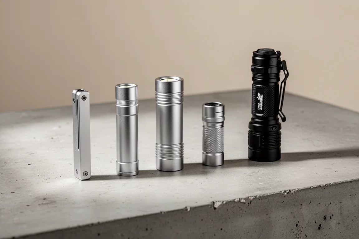 Pięć kompaktowych latarek w stylu Olight ustawionych na betonowej powierzchni