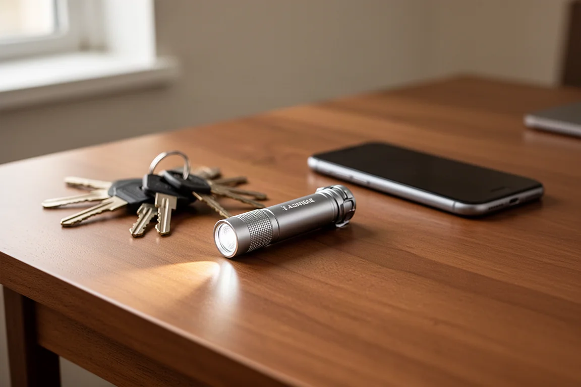 Everyday carry flashlight on a wooden desk next to keys and a phone