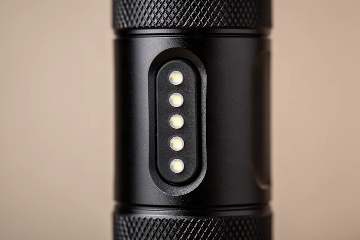 Flashlight side switch with four LED indicators glowing softly