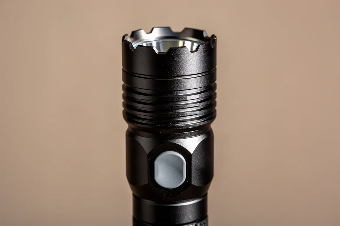 Tactical flashlight tail switch and crenellated bezel in close-up