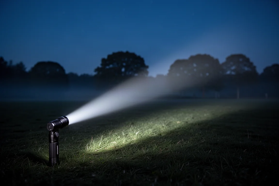 Compact flashlight casting a crisp bright beam across a dark outdoor field