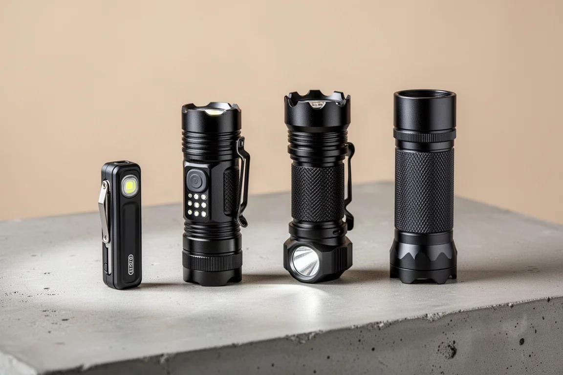 Quattro torce Olight allineate su una superficie di calcestruzzo