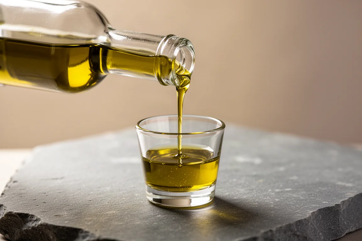 Olive oil being poured into a small tasting glass on a stone surface