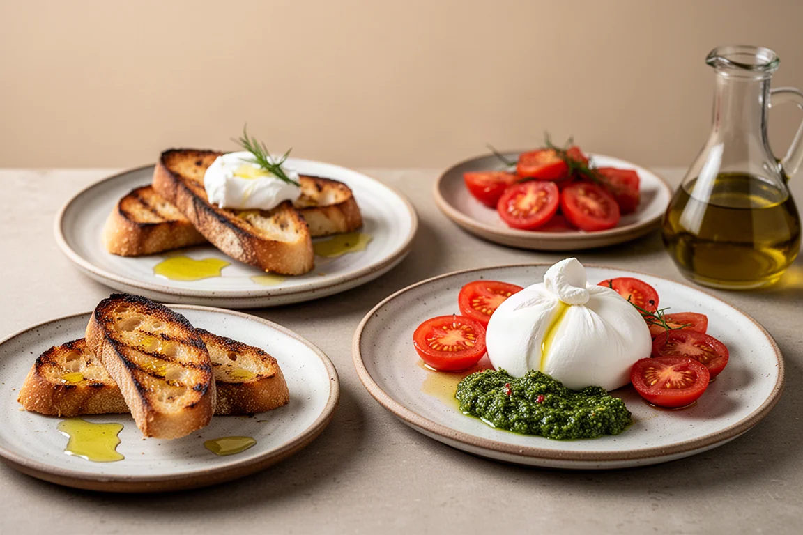 Sourdough toasts topped with burrata, tomatoes and green herbs beside a bottle of olive oil