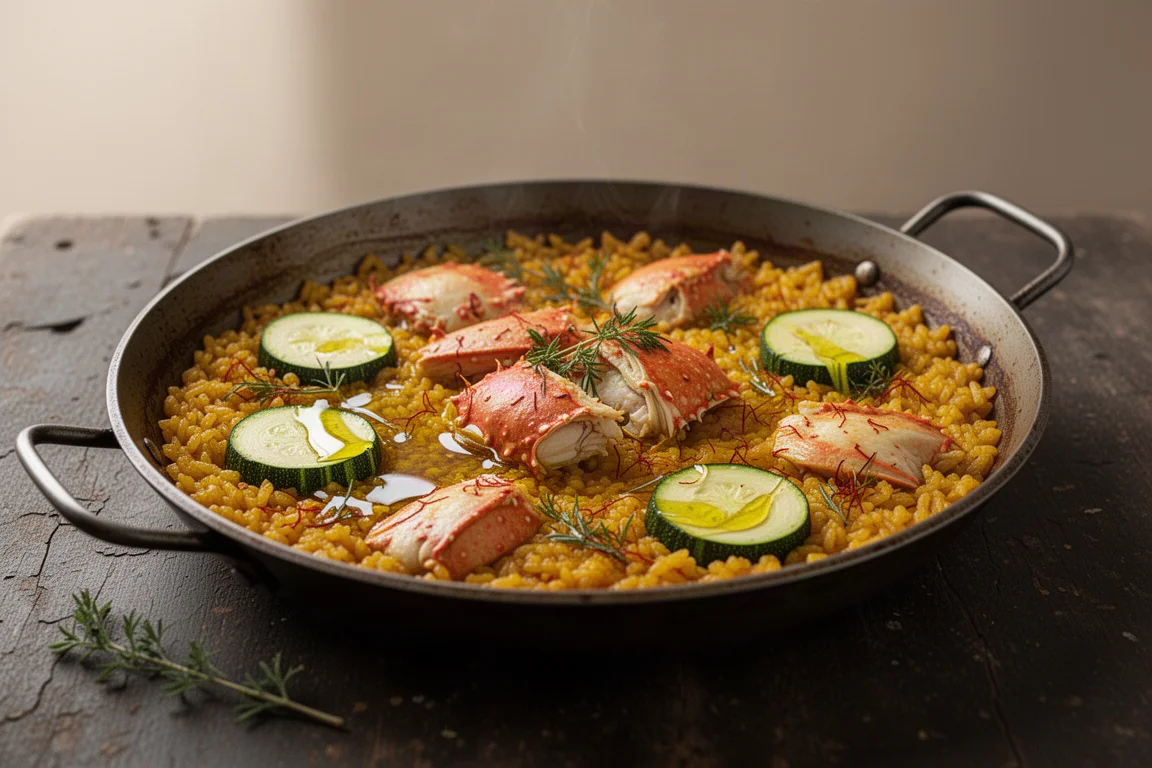 Spanish crab rice dish finished with a drizzle of olive oil